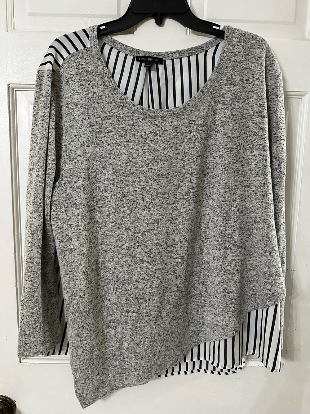 Lane Bryant Grey Marled Knit Top with Navy-White Stripe Detail